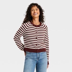 Women's Crewneck Cotton Cardigan - Universal Thread Maroon Striped M